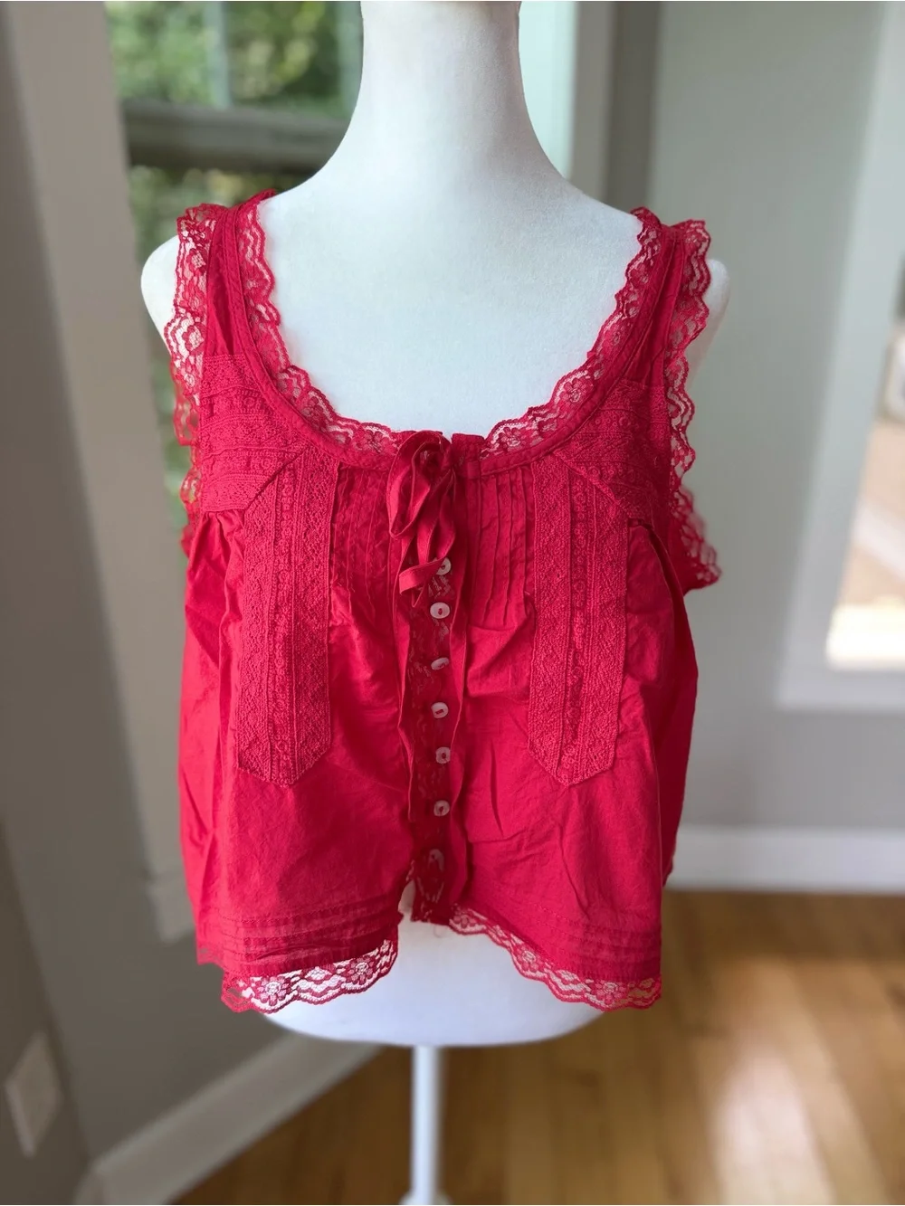 Vintage Red Cotton Lace-Trim Button Front Camisole Tank Top Size Large - Picture 9 of 9